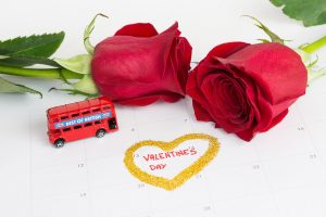Calendar valentines day with roses and london bus
